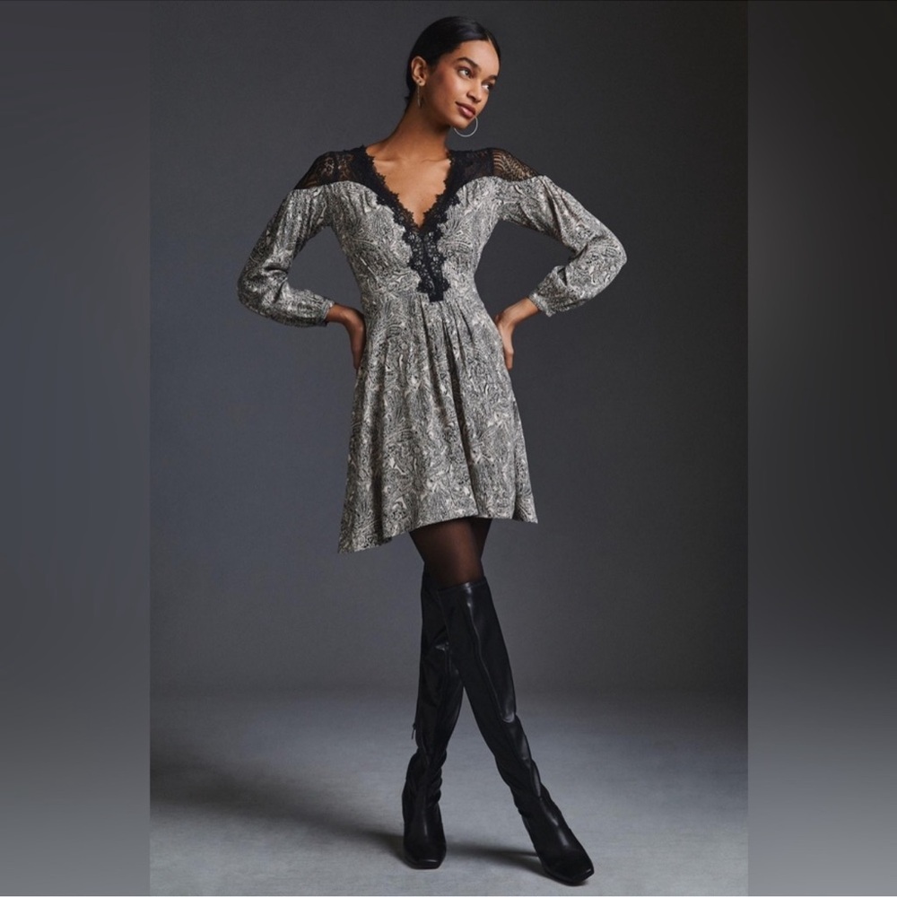 Anthropologie Lacy V-Neck‎ Long Sleeve Mini Dress Fit & Flare $160 Size 14